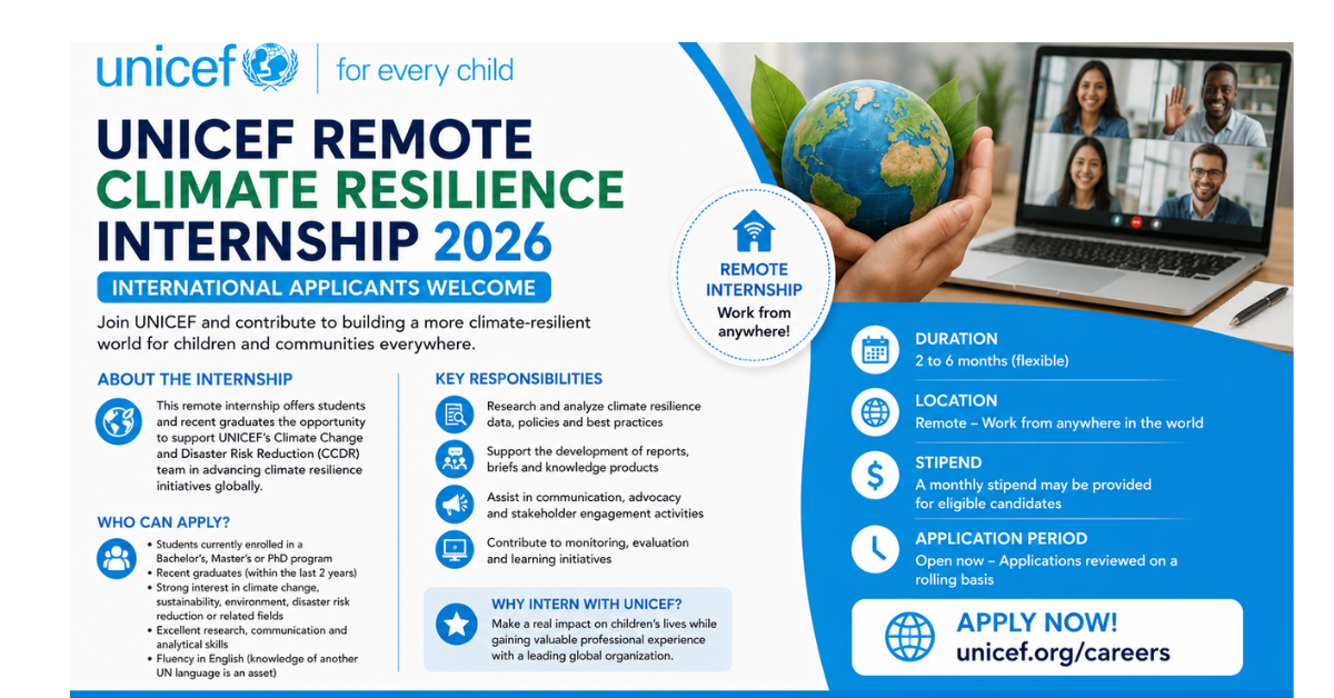 UNICEF Remote Climate Resilience Internship 2026 — International Applicants Welcome